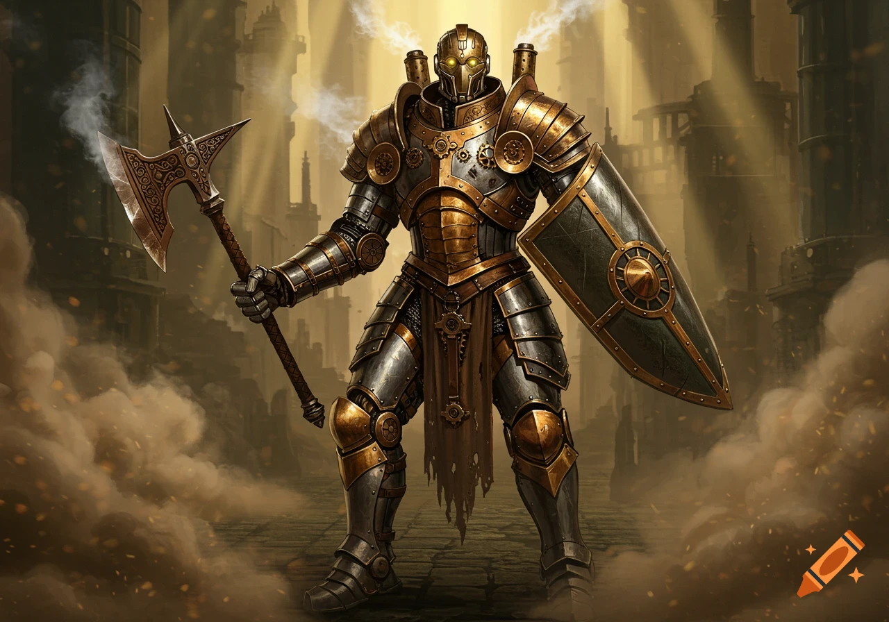 A steampunk robot knight in golden and silver armor holds a large axe and shield, standing amidst a smoky, industrial city.