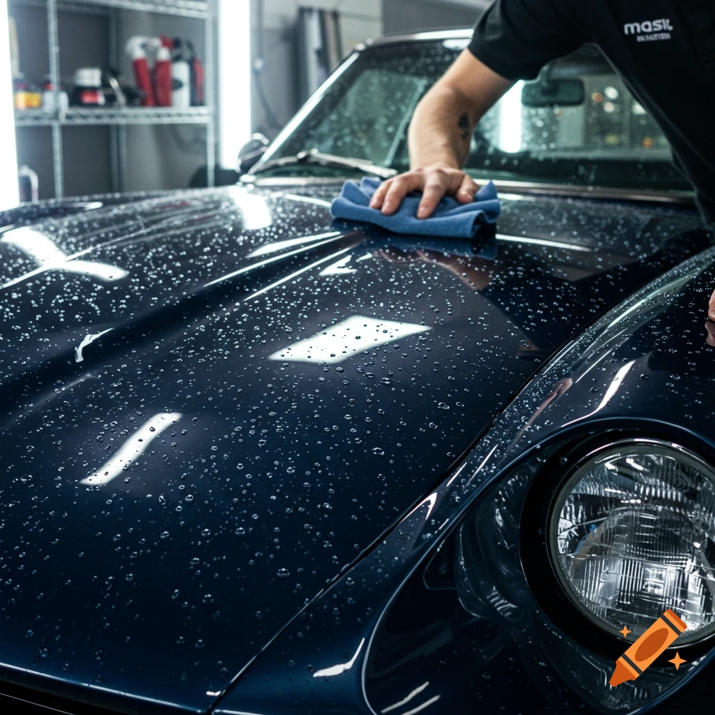 A person wipes water droplets off the dark blue hood of a vintage car with a microfiber cloth in a detailing shop.