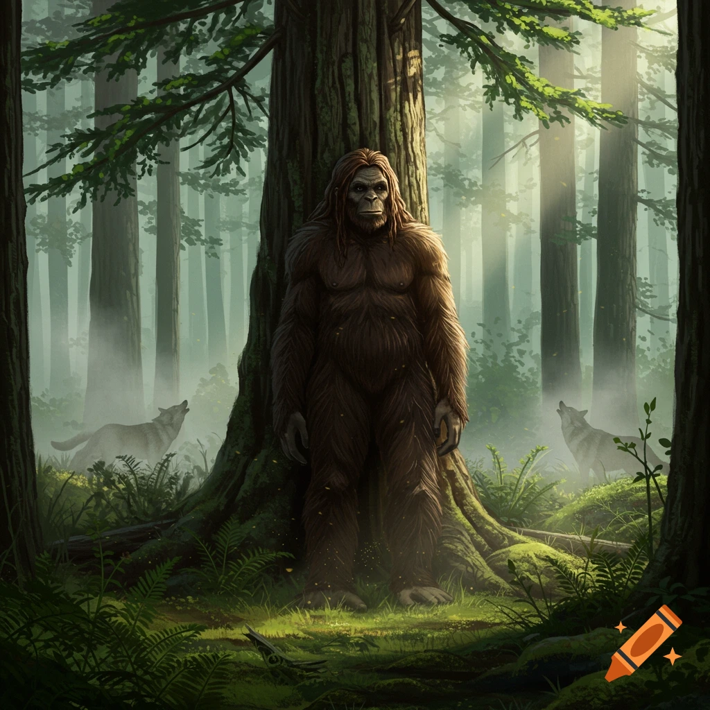 A hairy Bigfoot-like creature stands in a misty forest, leaning against a large tree, with two wolves howling in the background. Digital art.