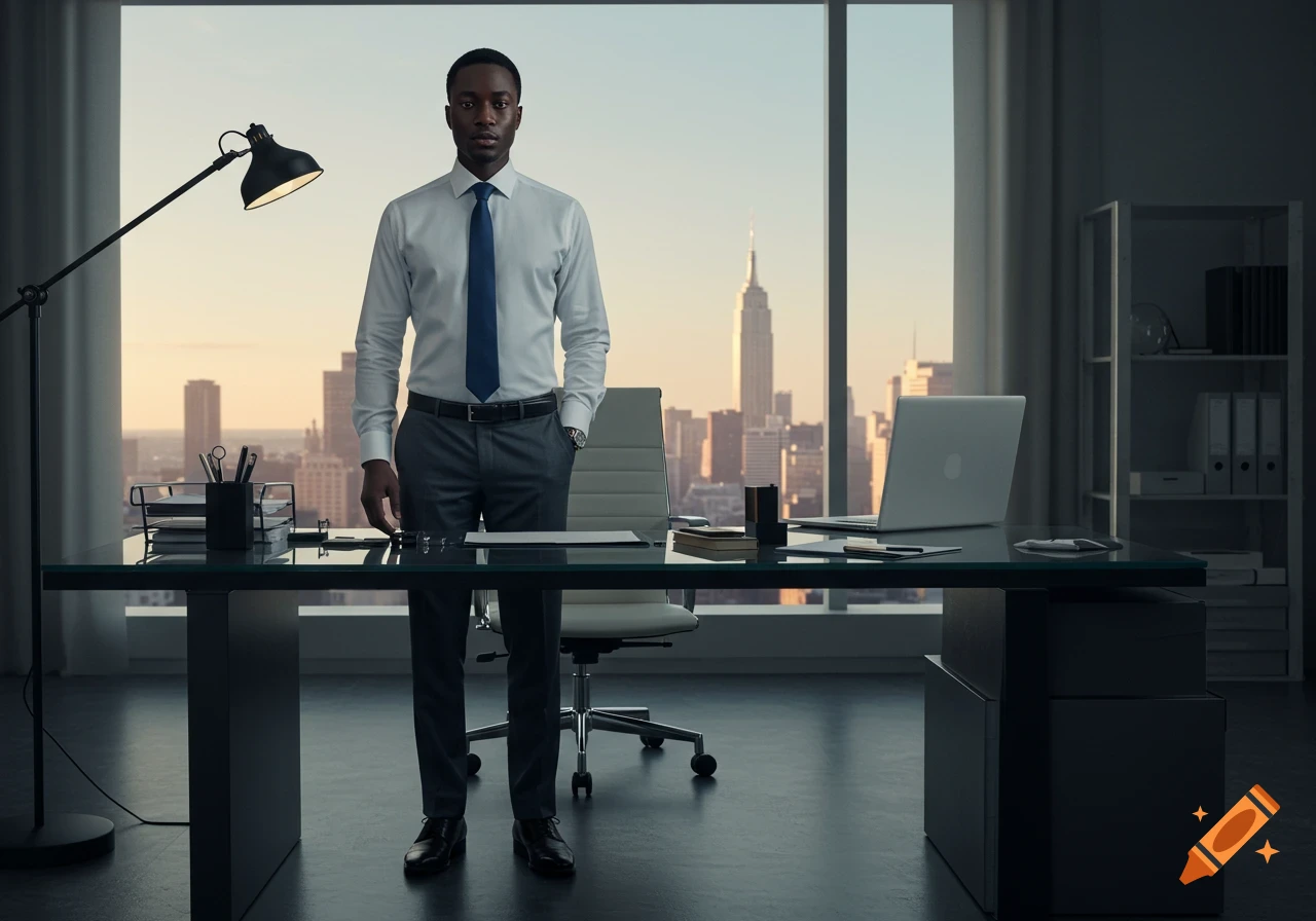 A serious Black businessman in a suit stands in a modern office with a city skyline view at sunset.