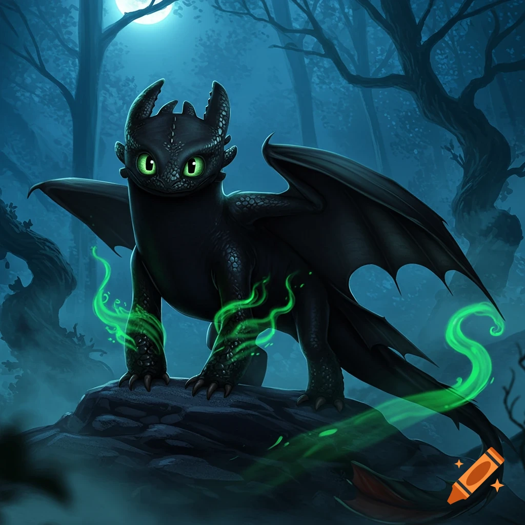 A black dragon with glowing green eyes and green energy on its paws and tail stands on a rock in a dark, moonlit forest. Stylized illustration.