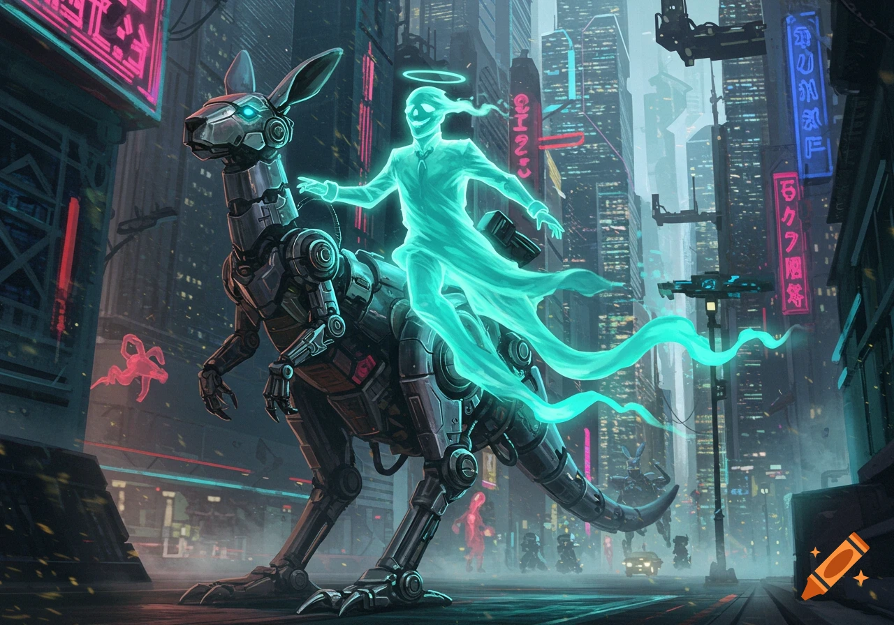 A glowing teal ghost rides a giant robotic kangaroo through a neon-lit cyberpunk city at night, in a detailed digital art style.