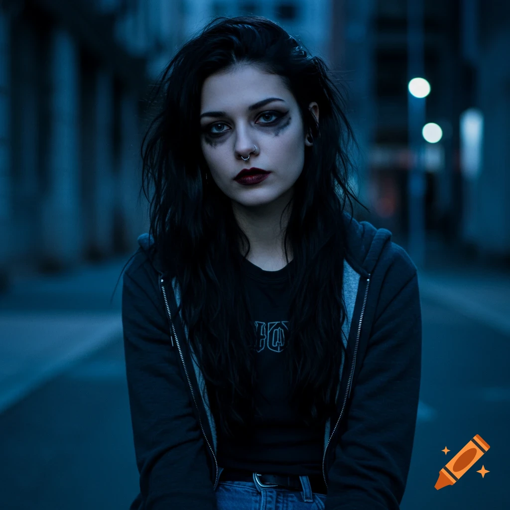 A young woman with dark hair, smudged eye makeup, and a nose ring, wearing a dark hoodie and t-shirt, looking directly at the viewer in a moody urban setting.