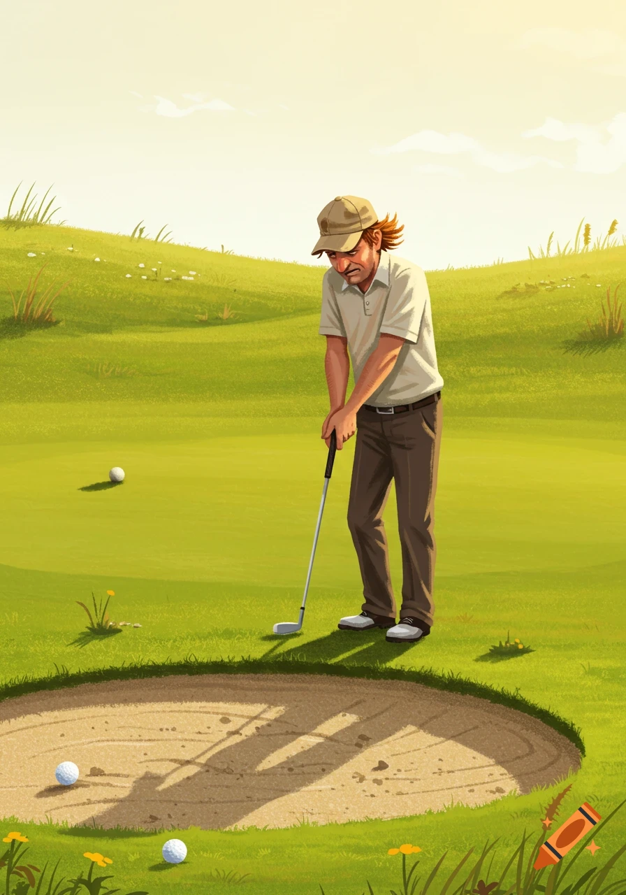 An illustration of a dejected golfer on a sunny green course, standing over a sand trap with golf balls inside.
