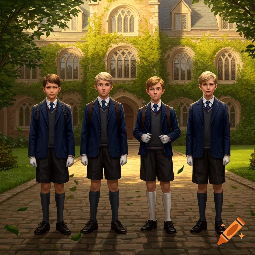 Four boys in dark school uniforms and white gloves stand on a path in front of an ivy-covered building.