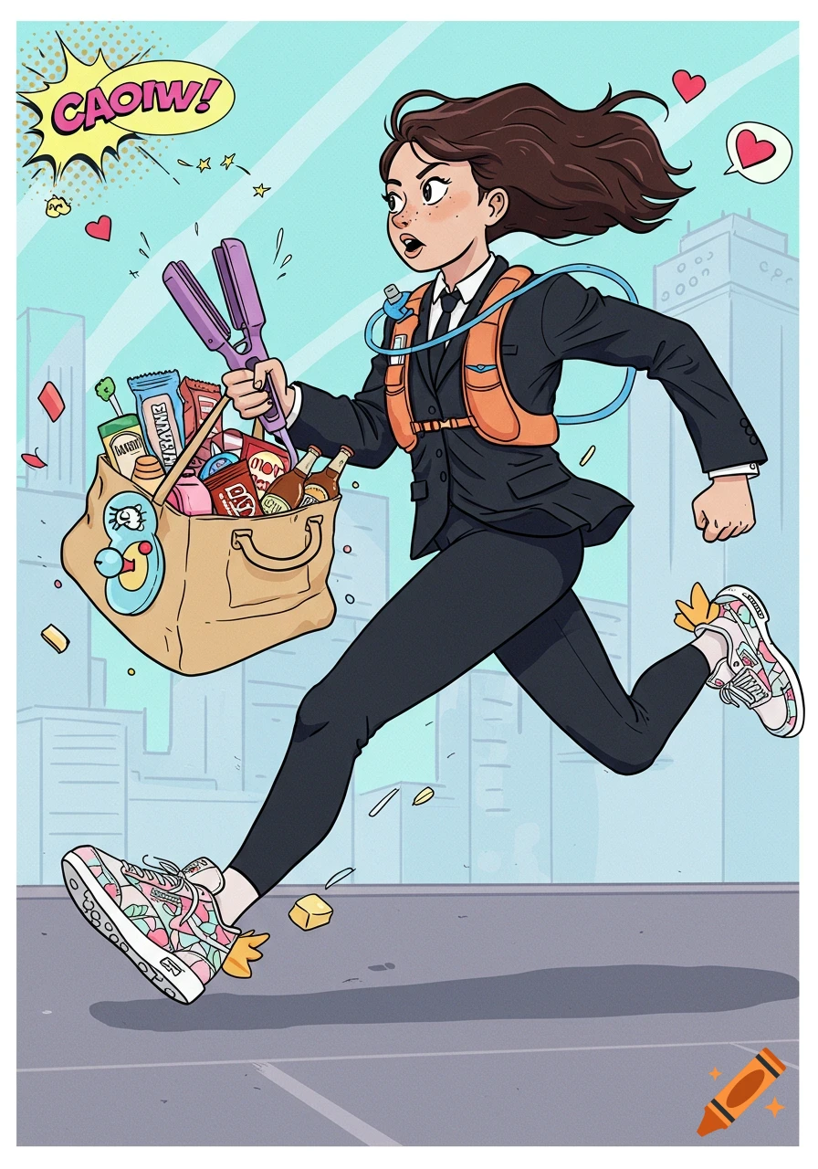 A cartoon woman in a black suit and orange hydration vest runs with a bag of snacks and a purple curling iron, with a "CAOIW!" speech bubble.