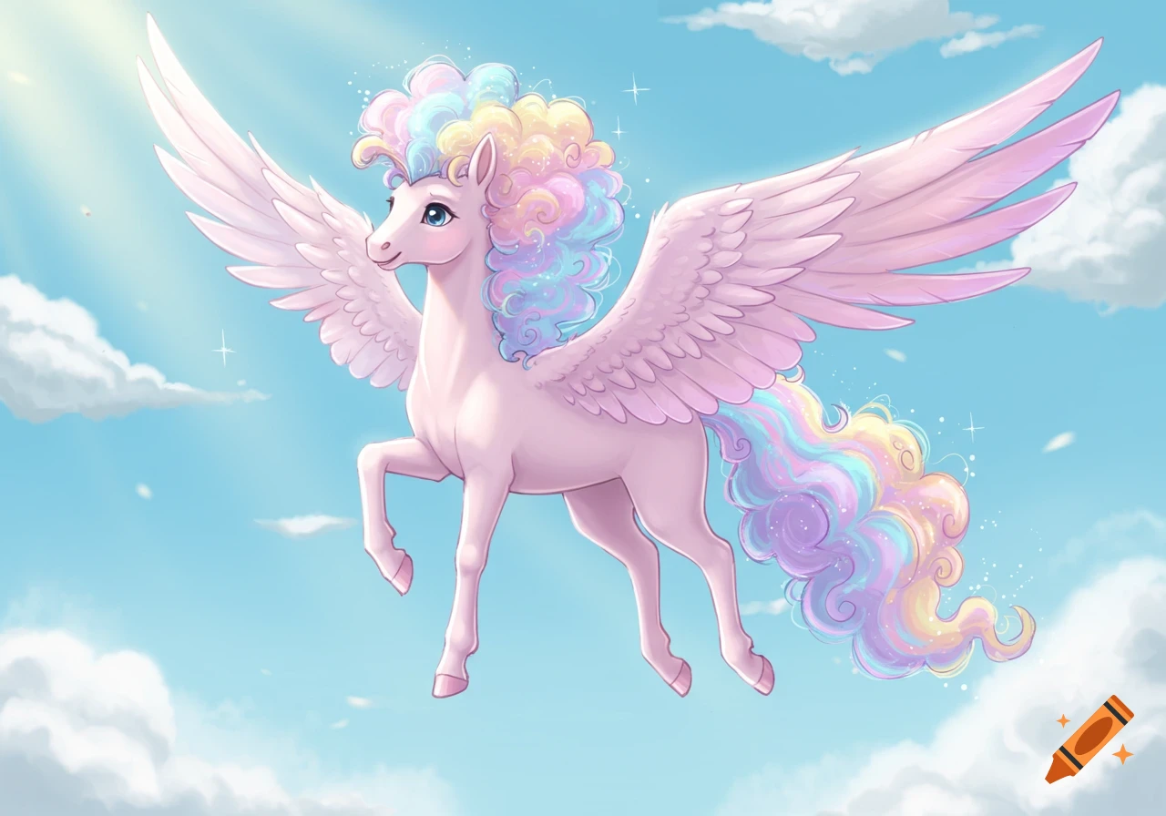 A colorful cartoon pegasus with light pink fur, white legs, and wild curly pastel rainbow hair flies in a blue sky with clouds.