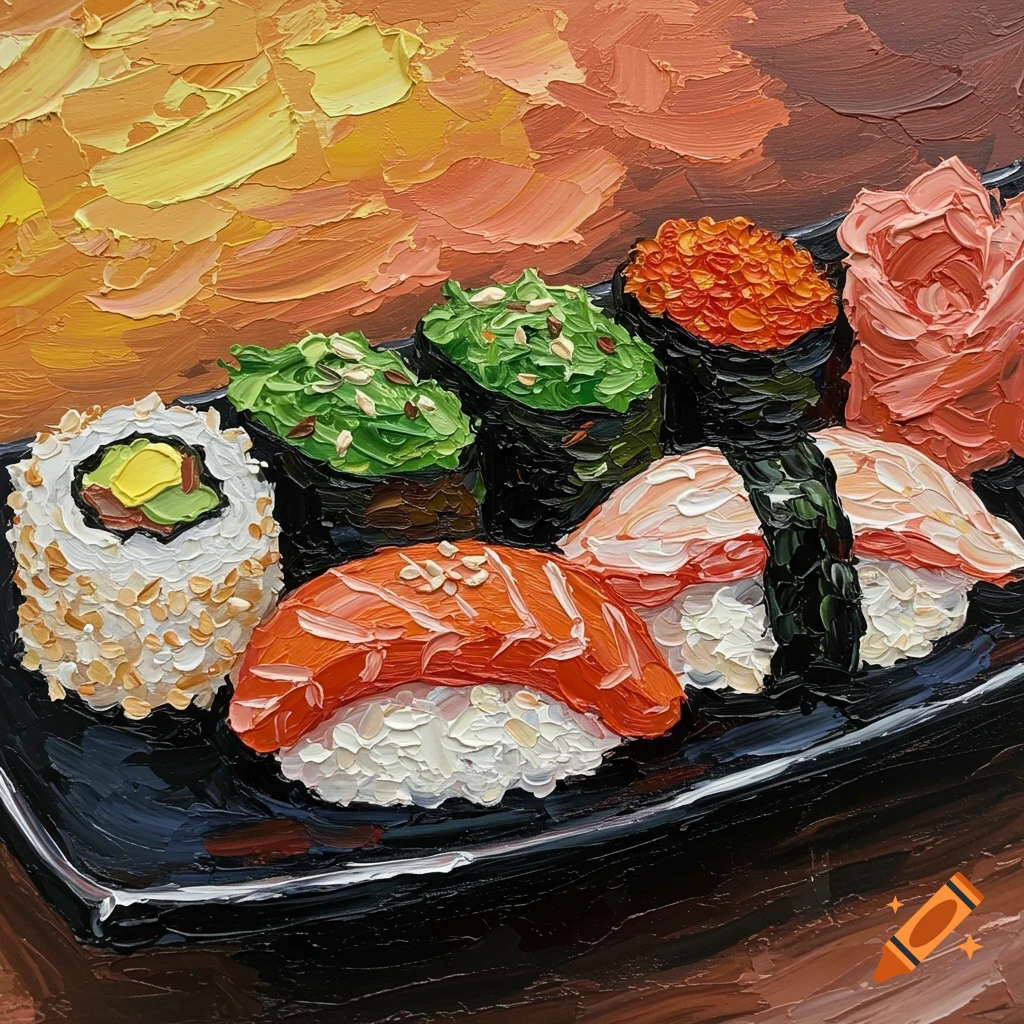 Impasto oil painting of a variety of sushi pieces on a black plate with a warm, textured background.