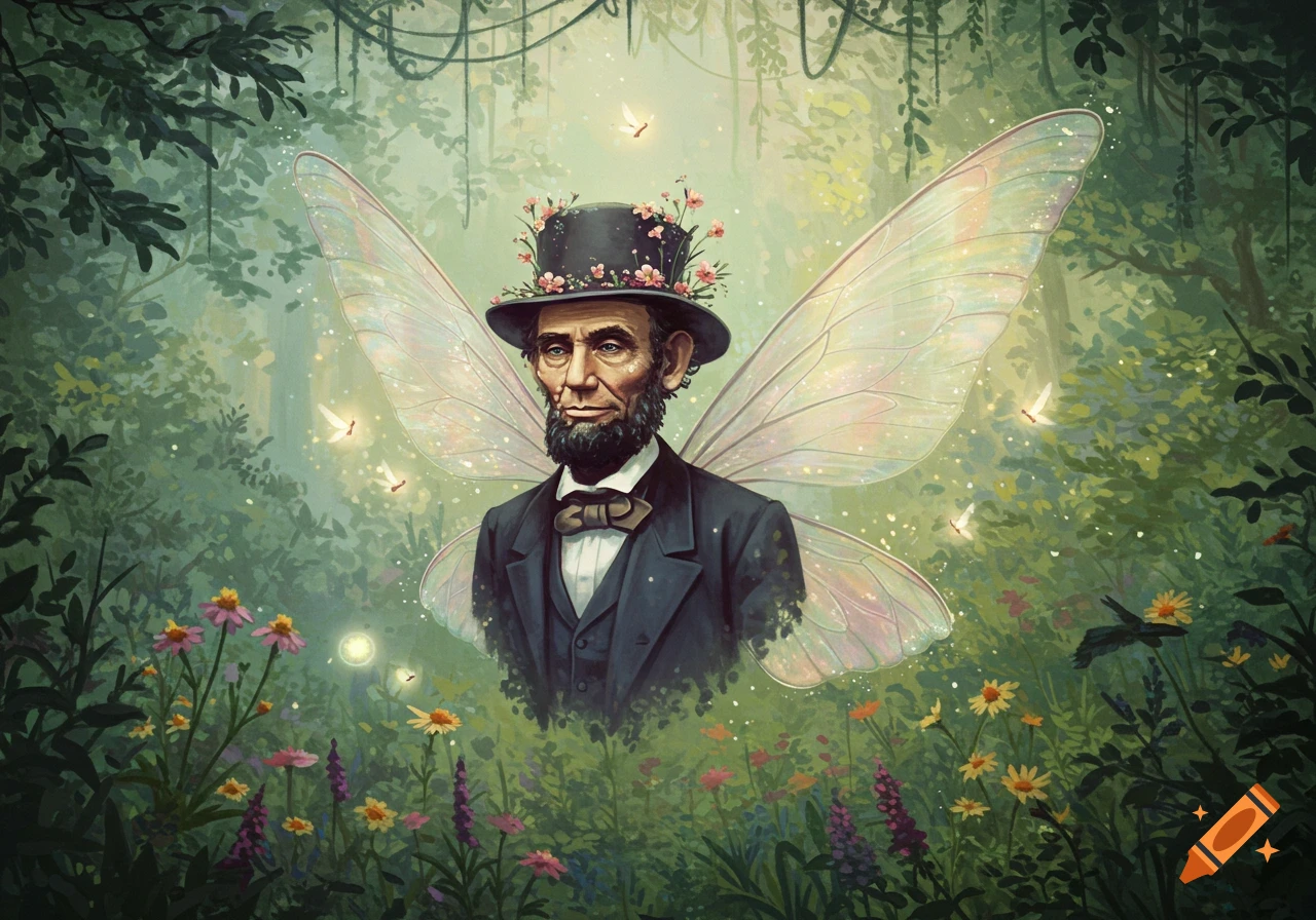 An illustrative portrait of Abraham Lincoln depicted as a fairy, wearing a flower-decorated top hat and iridescent wings, in a magical forest.