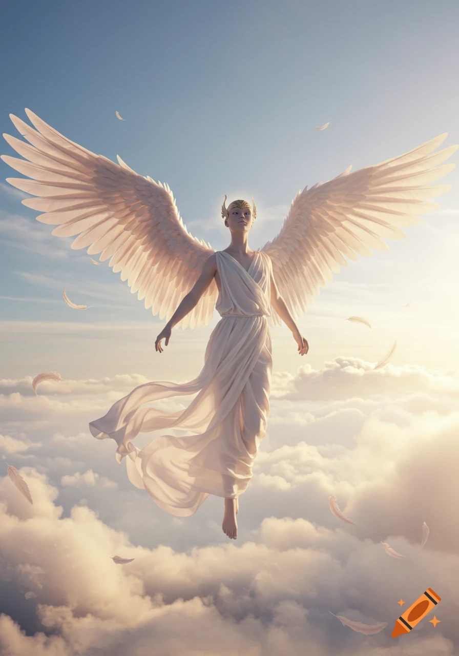 Androgynous angel with large wings and golden headpiece floats gracefully above ethereal clouds under a bright sky.