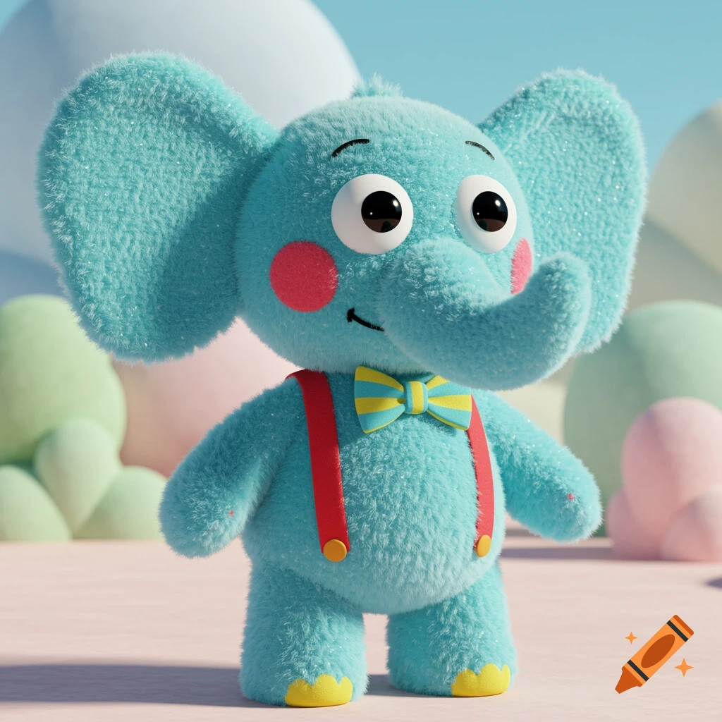 A cute cyan plush elephant with googly eyes, a yellow and cyan striped bowtie, and red suspenders, standing against a pastel background.