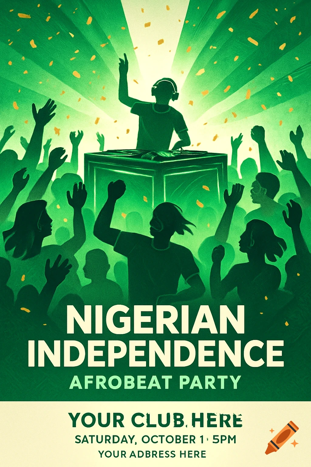 Vibrant green Afrobeat party poster for Nigerian Independence, featuring a DJ, dancing crowd, light rays, and confetti.