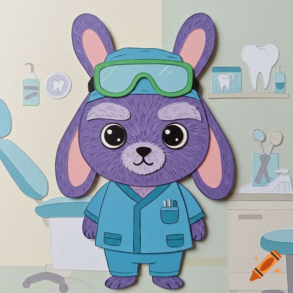 A cute purple paper cutout rabbit dentist in blue scrubs and green goggles stands in a dental office with tools and a chair.