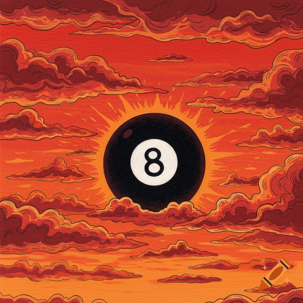 An illustrative drawing of a black 8-ball replacing the sun, emitting rays, surrounded by red and orange clouds in a stylized sky.