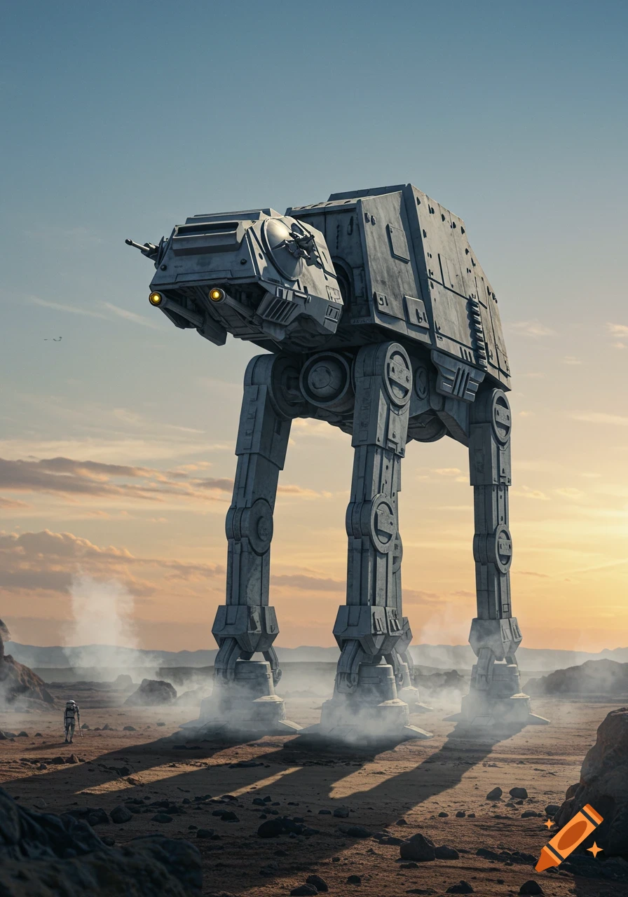 A photorealistic Star Wars AT-AT walker stands in a rocky desert at sunset, kicking up dust, with a distant Stormtrooper.
