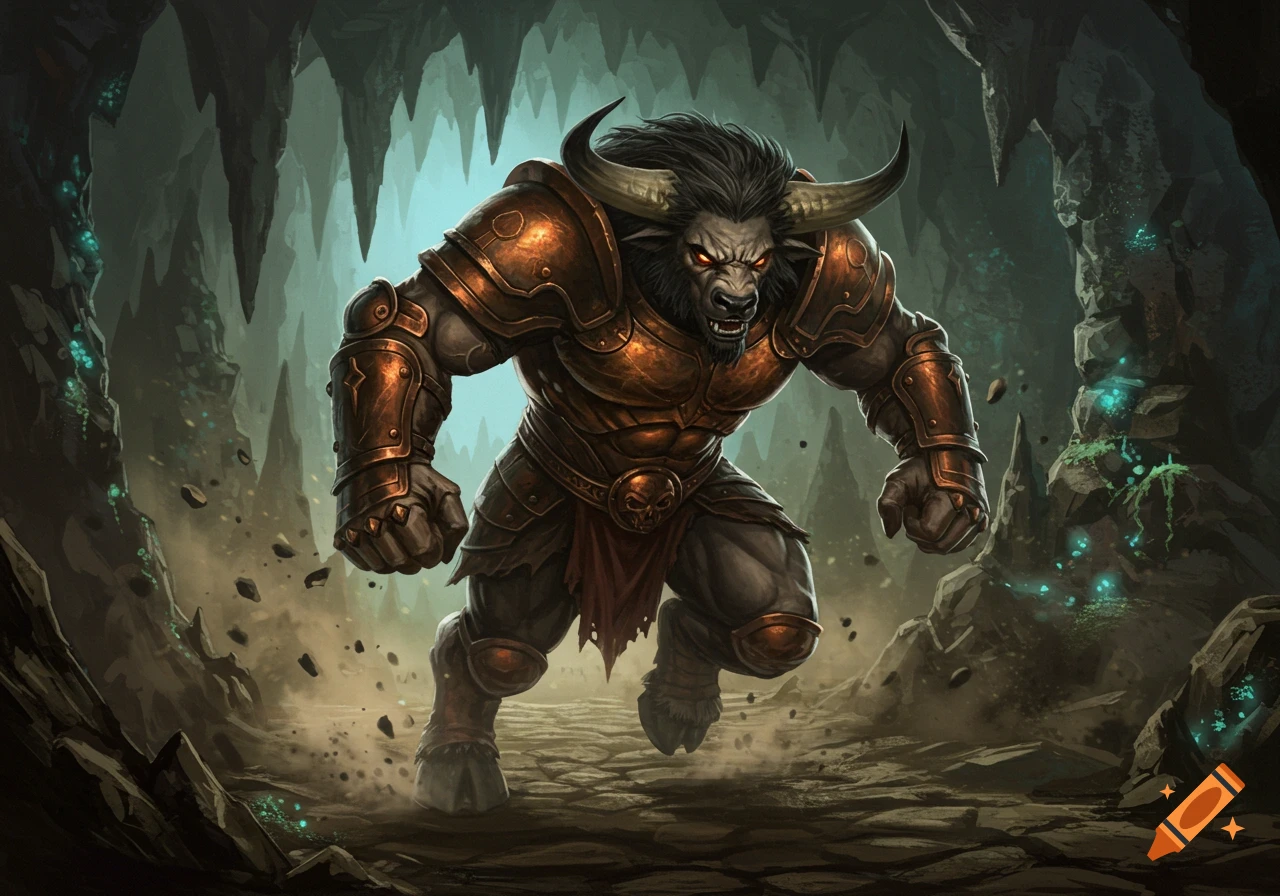A formidable minotaur in bronze armor with red eyes charges through a dark, mystical cave, kicking up dust.