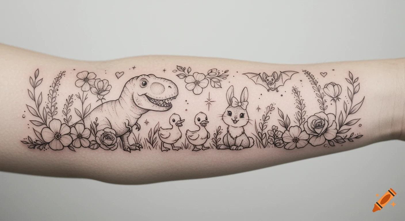 Black and grey line-art tattoo on an inner forearm featuring a friendly T-Rex, two ducklings, a bunny, and a bat among wildflowers.
