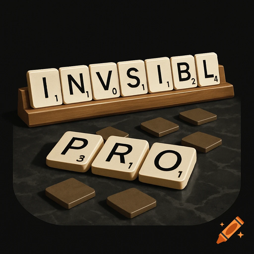 Scrabble tiles on a wooden rack spelling INVSIBL, with P, R, O tiles and blank tiles scattered on a dark surface.