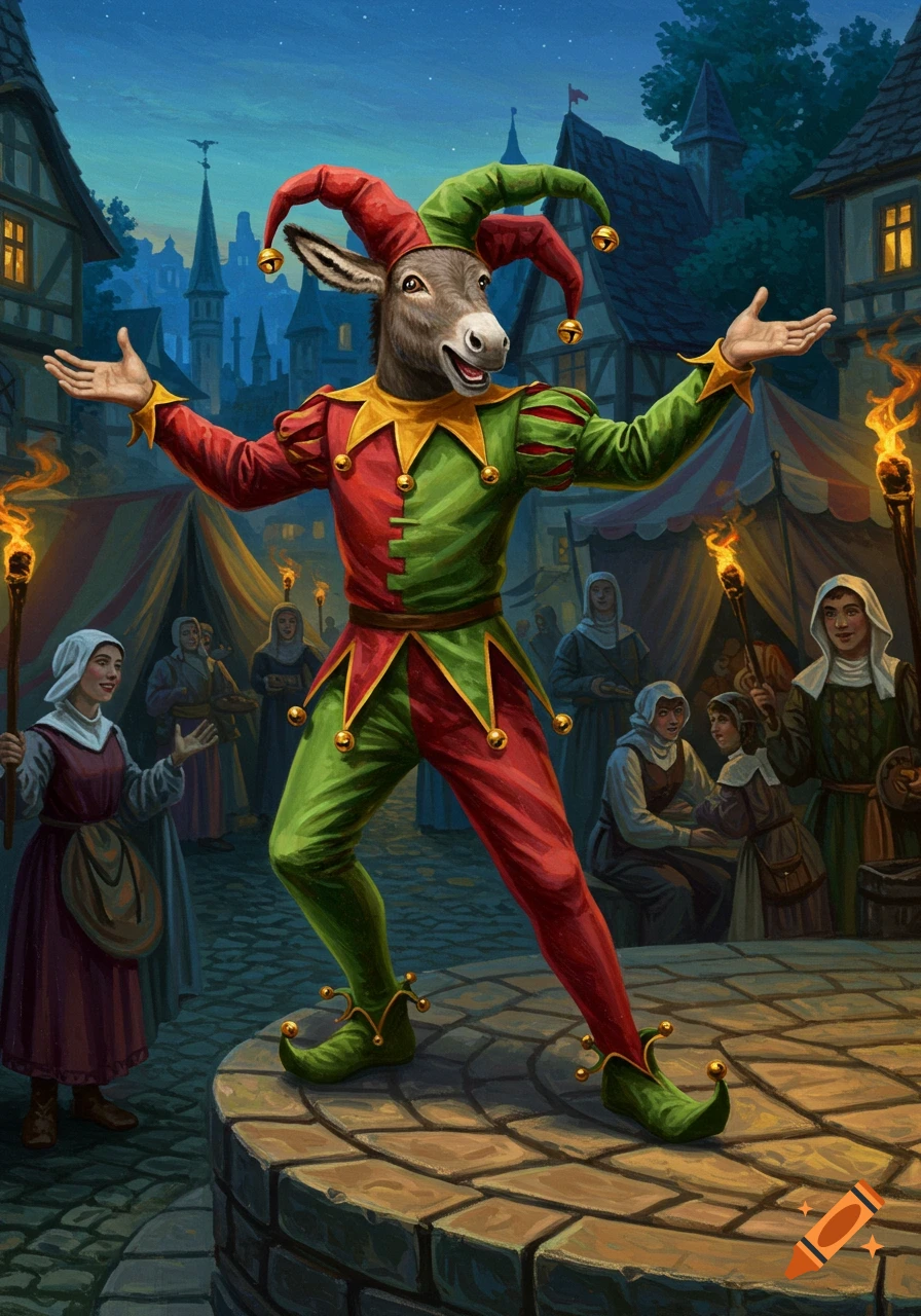 An oil painting of a jester with a donkey's head in a red and green costume, performing in a medieval town square at night.