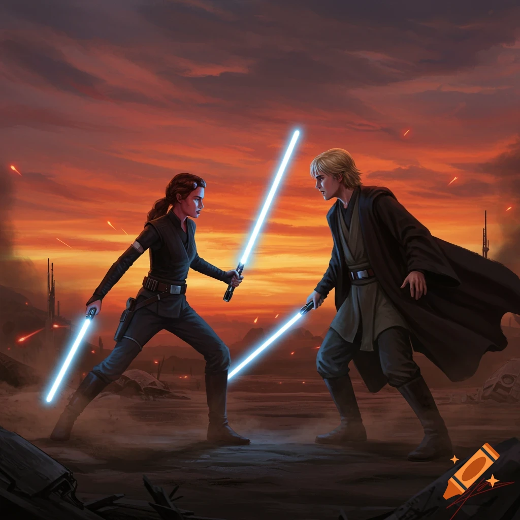 Two characters, a woman and a man, engage in a lightsaber duel on a barren planet under an orange, fiery sky, in a digital painting.