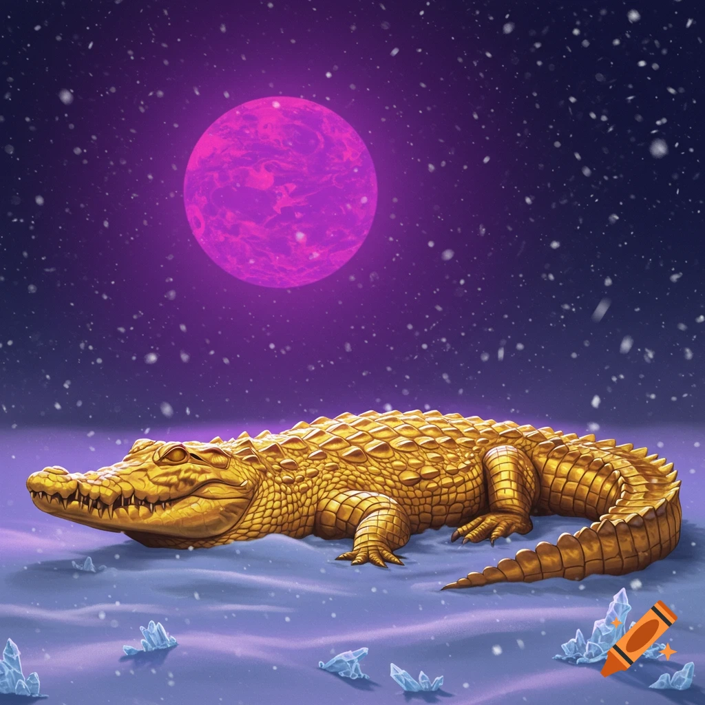 A vibrant illustration of a golden crocodile lying in a snowy landscape with ice crystals, under a large purple sun and starry night sky.