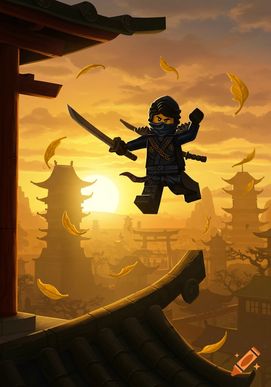 A black-clad Lego Ninjago character with a sword leaps over a rooftop at sunset, with an Asian-inspired city and temples in the background.