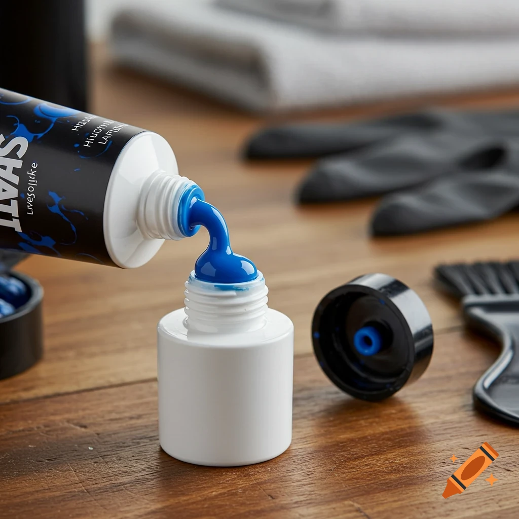 A black and blue tube labeled "SPLAT" squeezing vibrant blue hair dye into a small white container on a wooden surface. Black gloves and a brush are in the background.