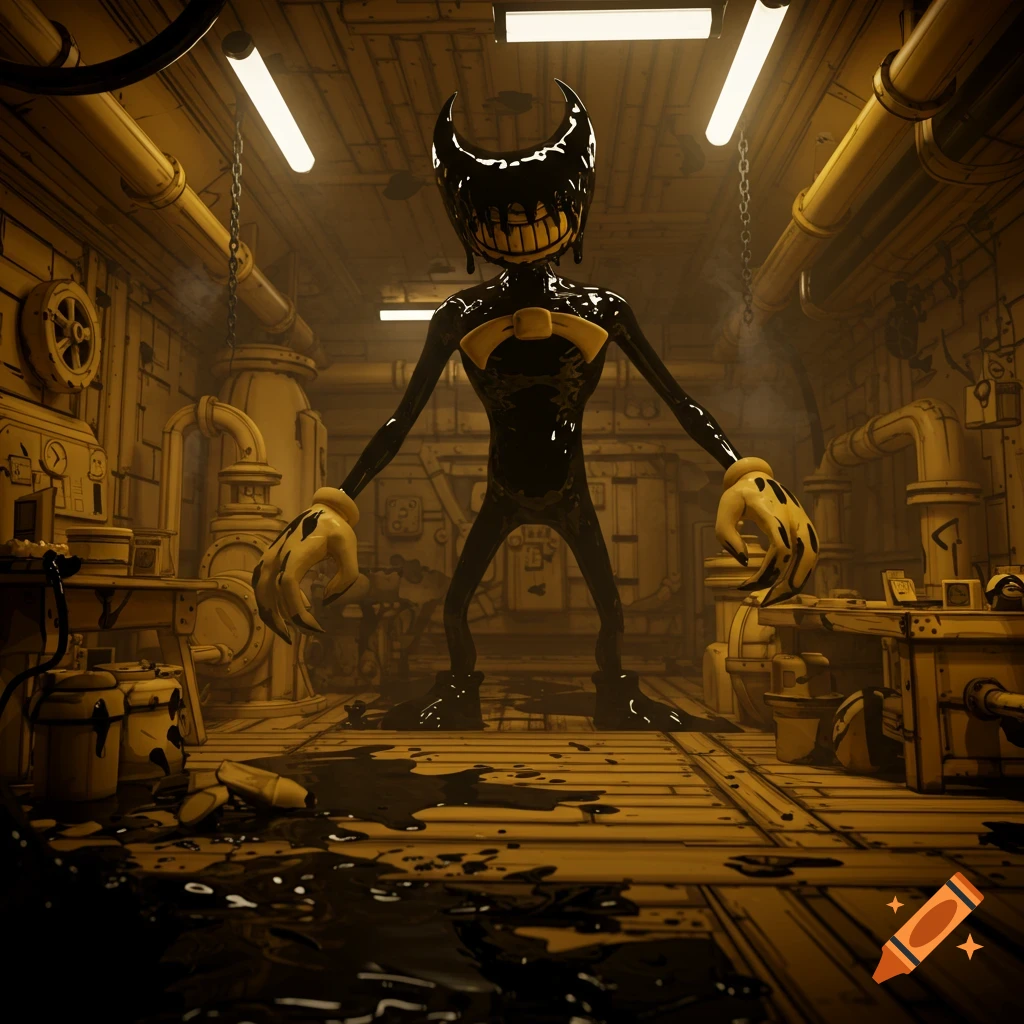 Creepy Ink Demon, a black and yellow cartoon creature, stands in a dark, grimy workshop with spilled ink. 3D render.
