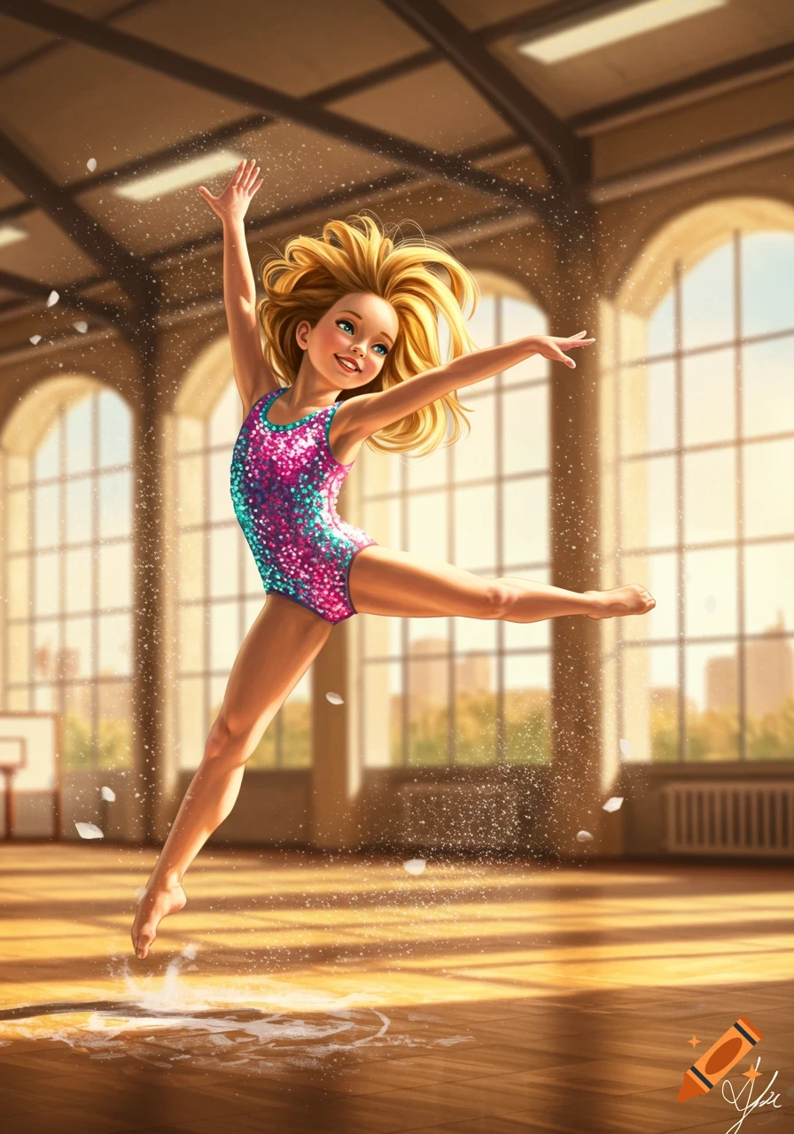 A smiling blonde girl in a sparkly leotard leaps gracefully in a bright gym, stylized digital art.