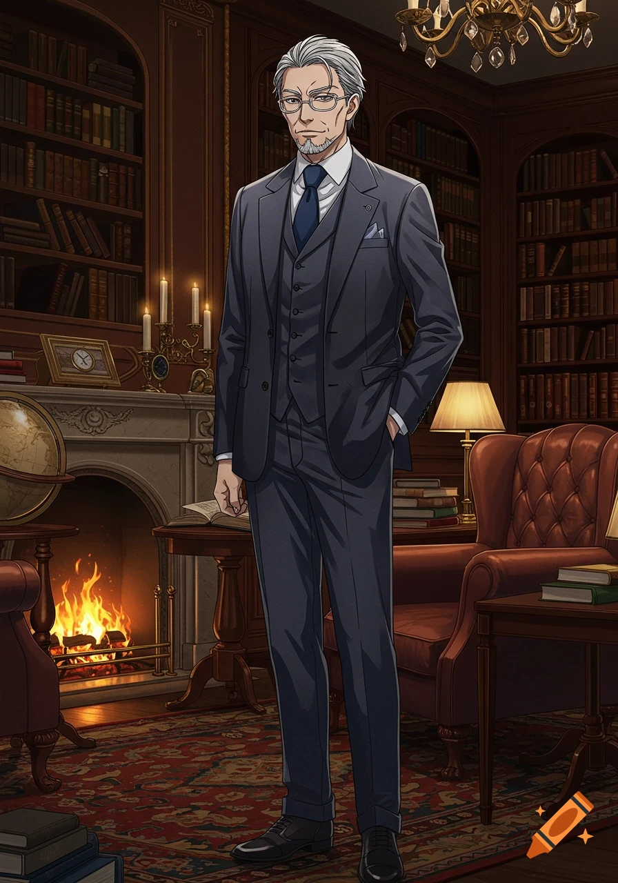 An older anime man with gray hair, glasses, and a dark suit stands in a luxurious library with a lit fireplace.