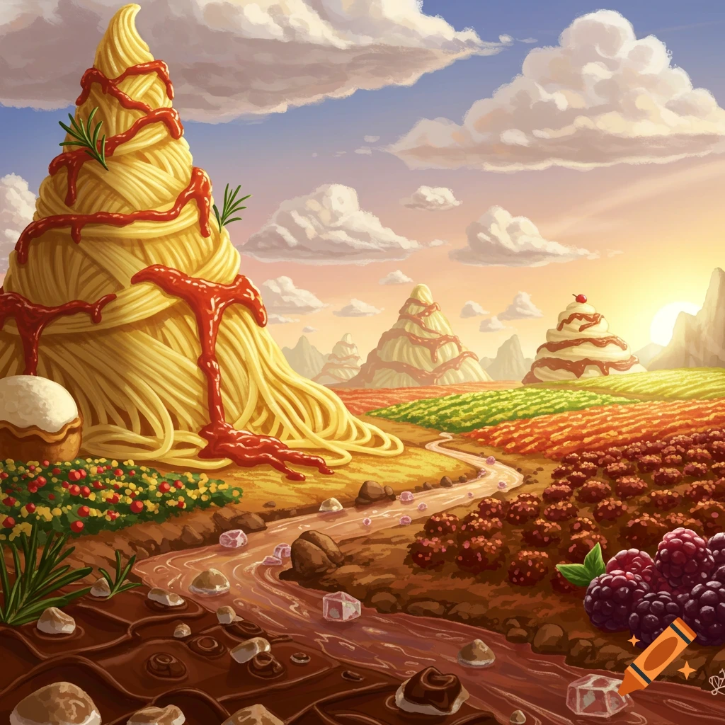 Whimsical illustration of a food landscape featuring spaghetti mountains, a chocolate river, and fields of berries under a cloudy sky.