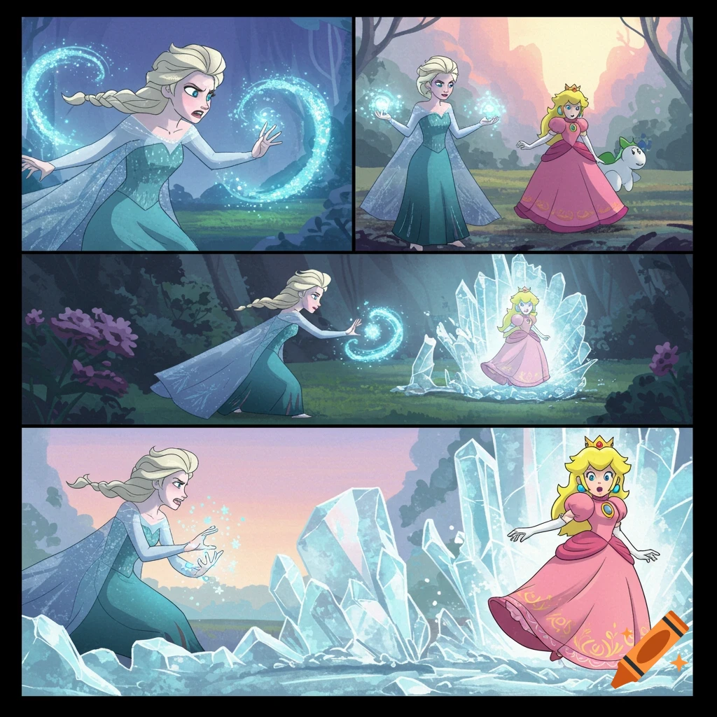 Elsa and Princess Peach in a comic strip, Elsa using ice magic to freeze and unfreeze Peach amidst ice crystals in a forest setting.