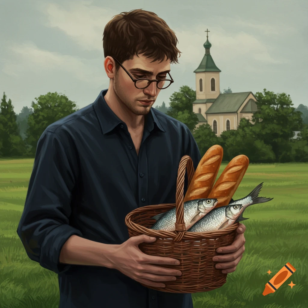 A realistic painting of a man in glasses holding a basket of bread and fish, with a church in a green field background.