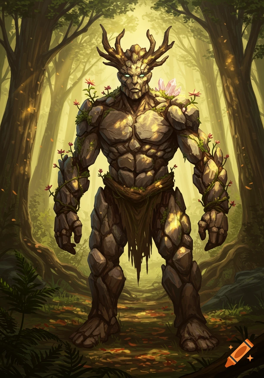 A bulky, stone-skinned earth druid with glowing eyes, antlers, moss, and flowers stands in a sunlit fantasy forest.
