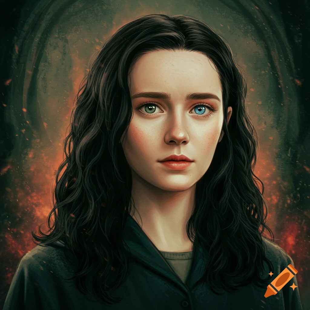 A digital art portrait of a young woman with dark wavy hair, one green eye and one blue eye, against a fiery, dark background.