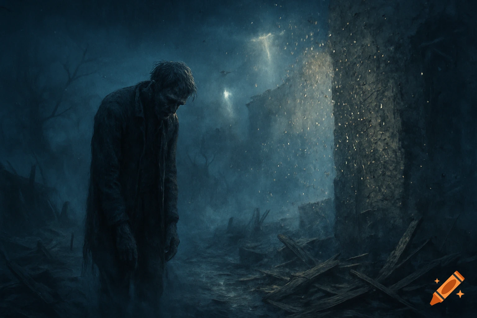 A somber, ragged figure stands in a dark, foggy, rainy wasteland with ruins in a gloomy digital art style.