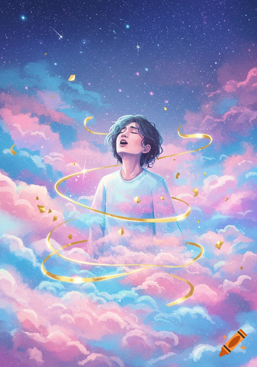 Dreamy illustration of a person singing with closed eyes, surrounded by pastel clouds, golden ribbons, and a starry night sky.