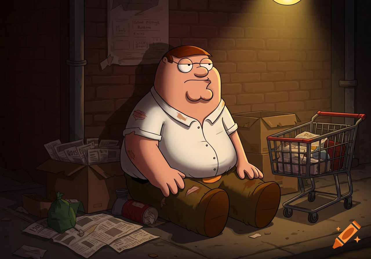 Cartoon Peter Griffin sits dejectedly on an alley ground amidst trash, next to a full shopping cart, under a dim light.