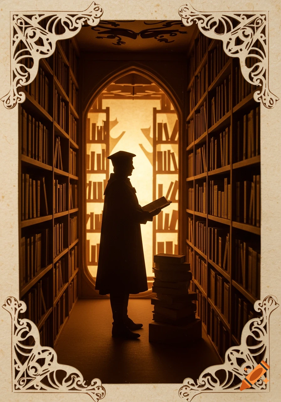 Papercut style silhouette of a medieval man in a library, reading a book by warm light.