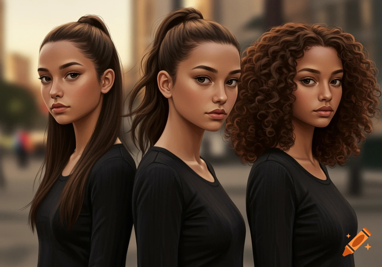 Three young women with dark hair and black shirts, one with long straight hair, one with a ponytail, and one with curly hair, in a blurred outdoor setting.