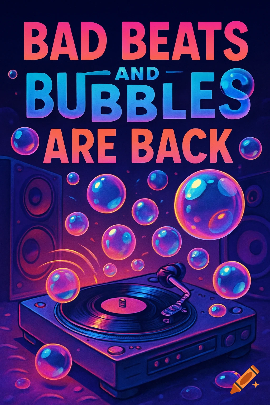 Neon art illustration of a record player and speakers surrounded by glowing bubbles, with 'BAD BEATS AND BUBBLES ARE BACK' text.