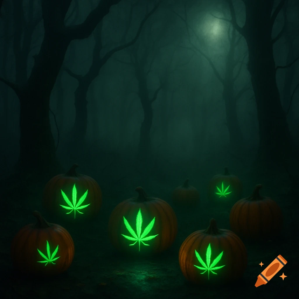 Pumpkins glowing with green cannabis leaf logos in a dark, foggy, spooky forest.