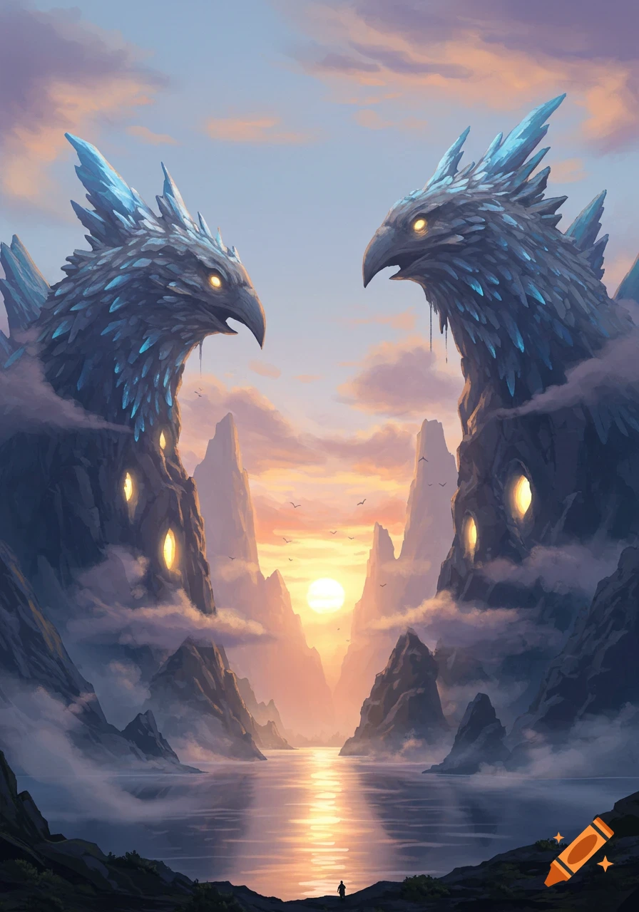 Two colossal bird-like mountains with glowing eyes face each other across a reflective lake at sunset, with a small figure observing.