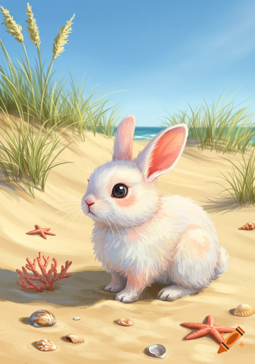 A cute white bunny with pink ears sits on a sandy beach with seashells, starfish, sea grass, and the ocean under a blue sky.