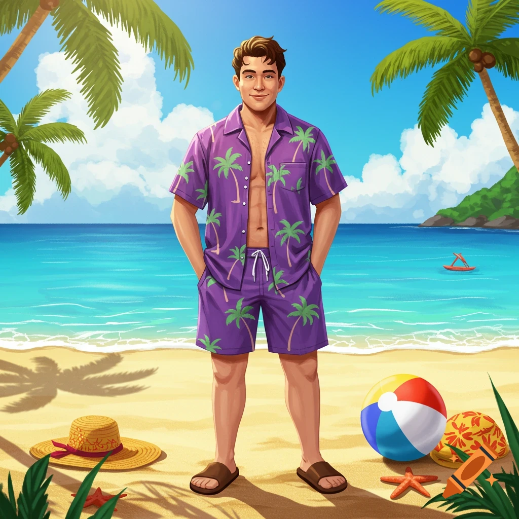 A cartoon man in a purple Hawaiian shirt and shorts stands on a sandy beach with palm trees, a beach ball, and hats.