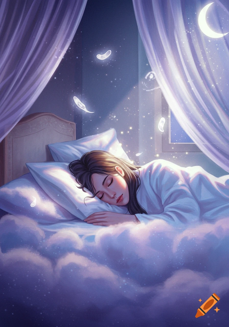 Digital art of a woman sleeping peacefully in a dreamy bed of clouds with floating feathers, stars, and a crescent moon.