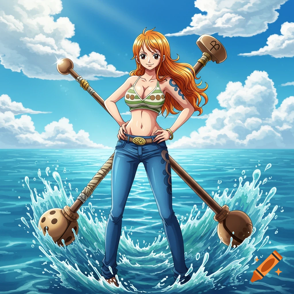 Nami from One Piece stands in the ocean with two large staffs, water splashing around her in an anime art style.