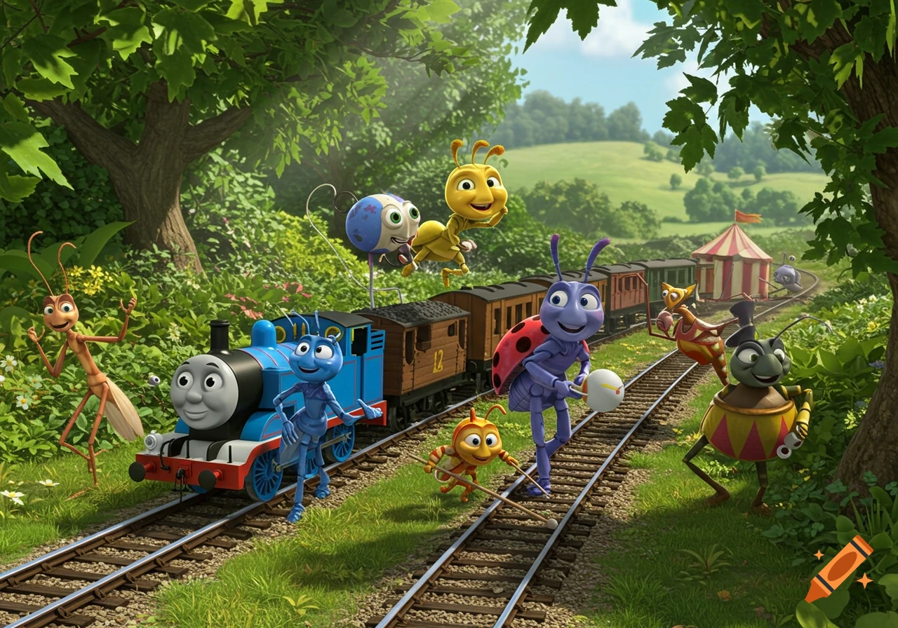 A cartoon crossover featuring Thomas the Tank Engine and characters from A Bug's Life on train tracks in a lush, sunny forest with a distant circus tent.