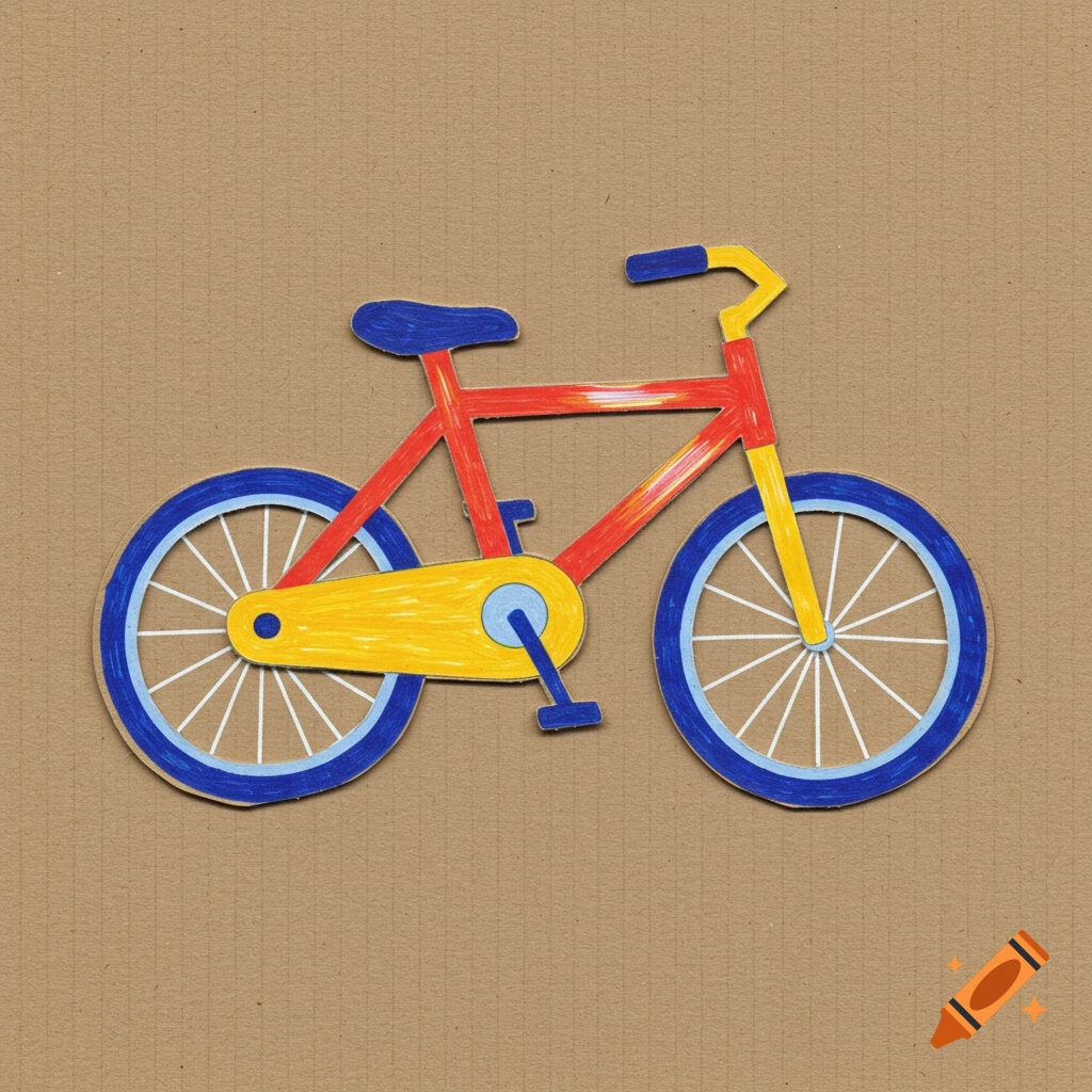 Red, yellow, and blue crayon cutout of a bicycle on brown corrugated cardboard.