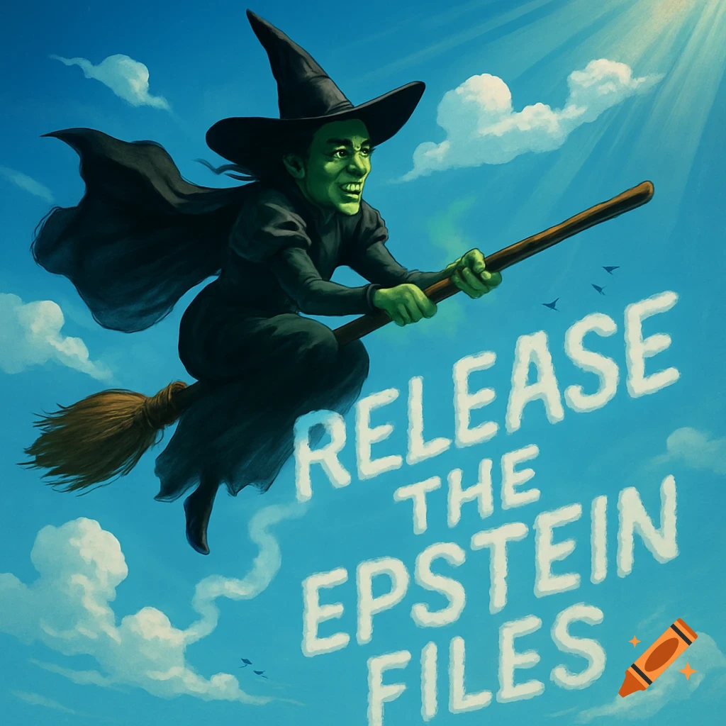 Wicked Witch flies on a broomstick, skywriting 'RELEASE THE EPSTEIN FILES' in a bright blue sky with clouds.